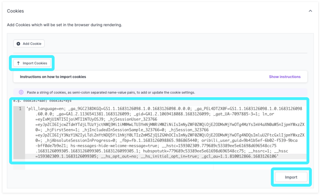 Screenshot of Lumar Analyze with code pasted into the Import Cookies option of step 1 of crawl setup. The Import button is also highlighted.