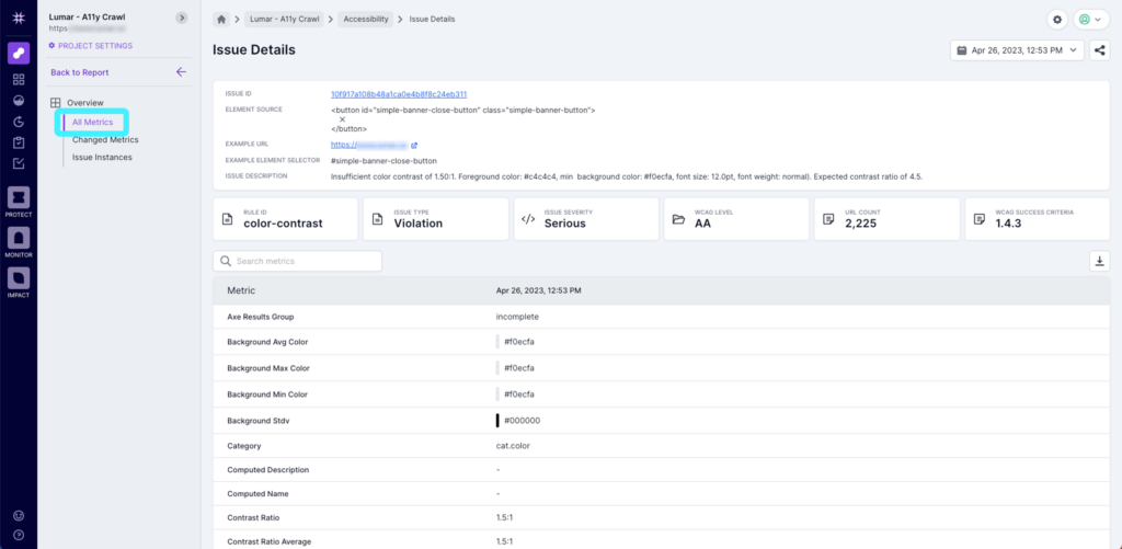 Screenshot of Lumar Analyze issue details all metrics page with the link highlighted in the left-hand navigation.