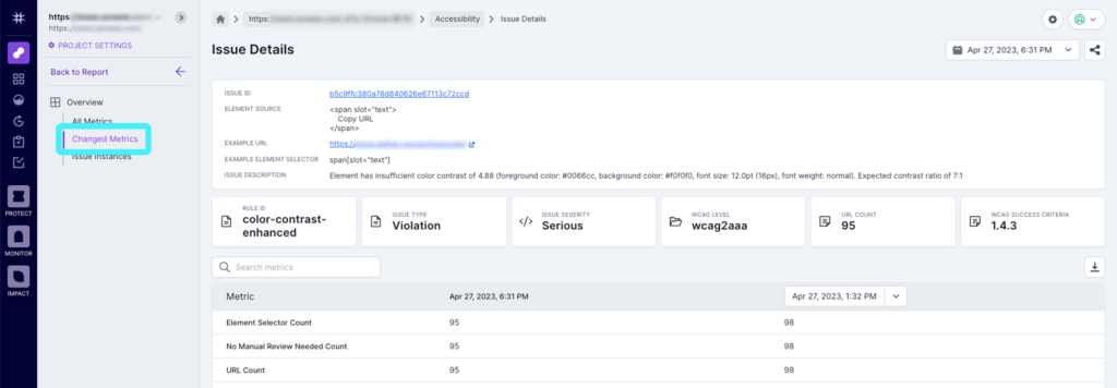 Screenshot of Lumar Analyze issue details changed metrics page, with the link highlighted in the left-hand navigation.