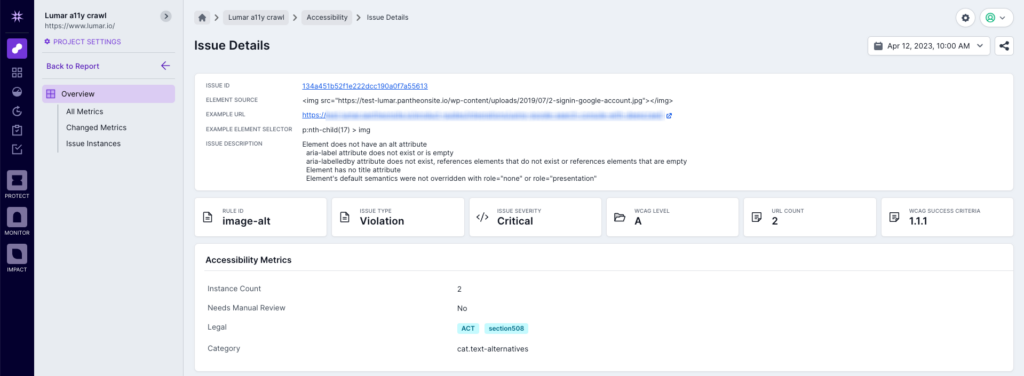 Screenshot of Lumar Analyze showing the issue details overview page.