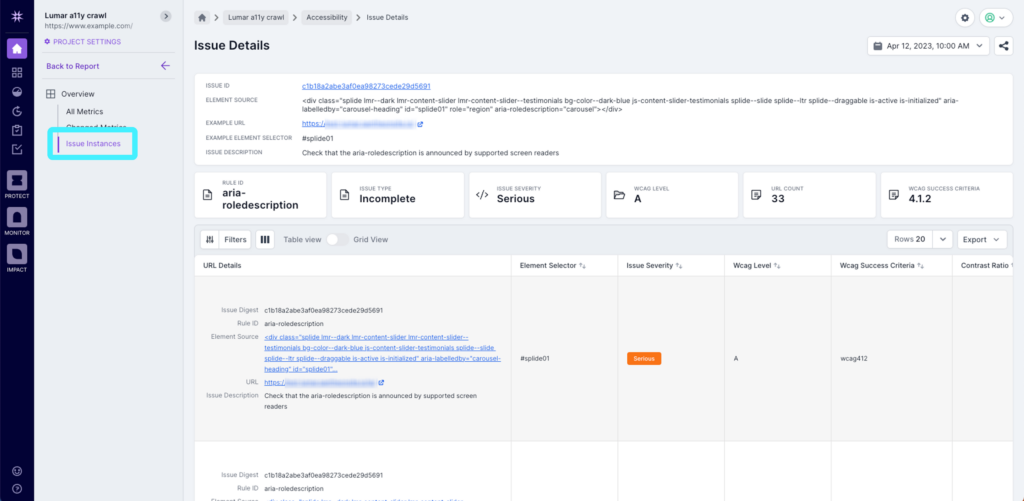 Screenshot of Lumar Analyze showing the issue details issue instances page with the link highlighted in the left-hand navigation.