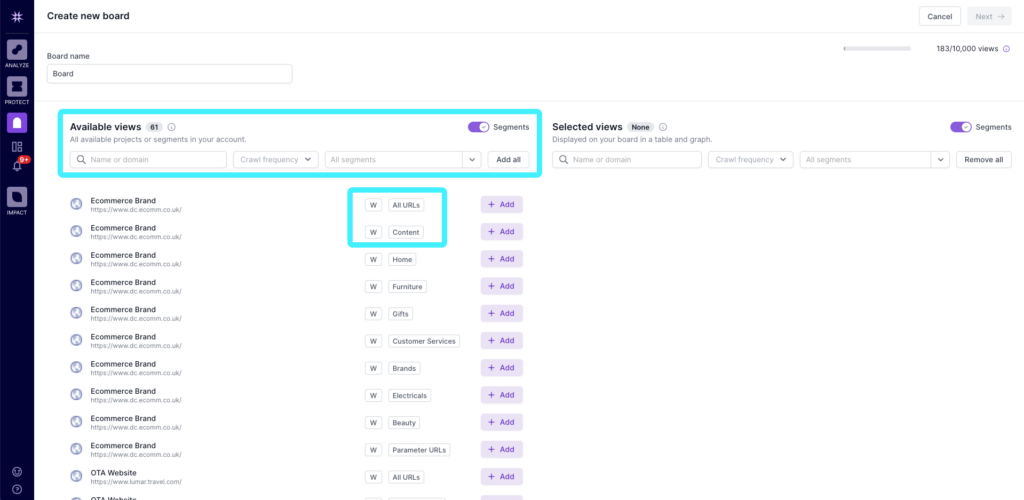 Screenshot of Lumar Monitor create dashboard screen with All URLs and segments highlighted