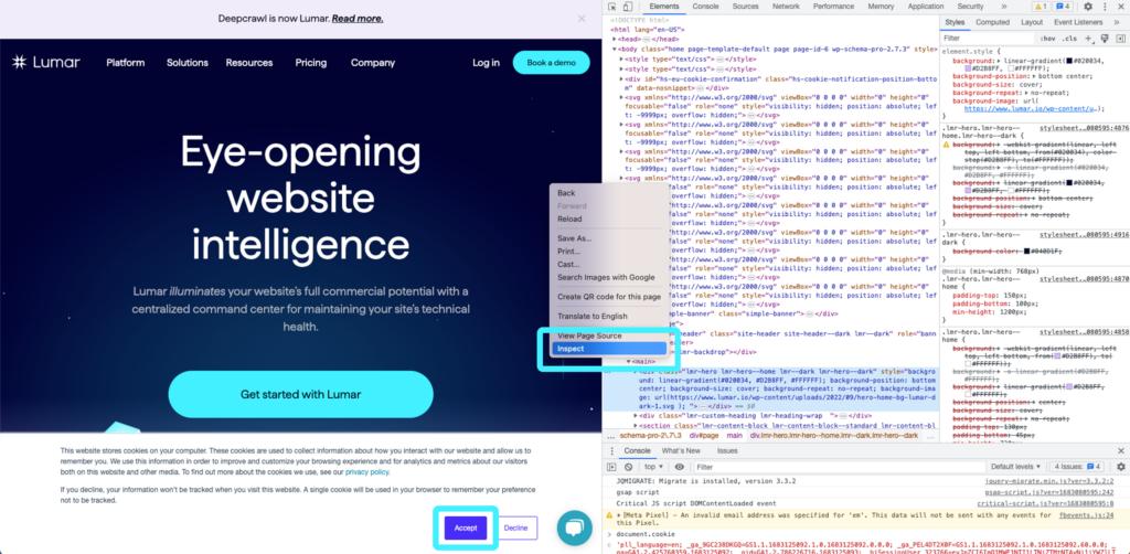 Screenshot of the Lumar website home page with developer tools enabled. 