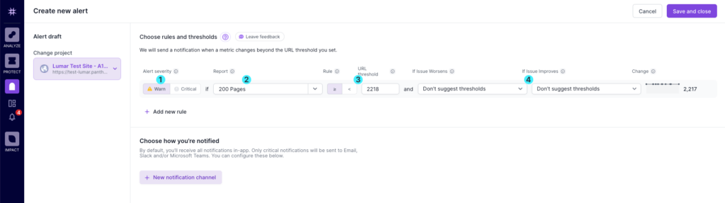 Screenshot of Lumar Monitor's create new alert screen, showing settings for alert severity, the report to check, URL threshold, automated threshold suggestions and trend chart.