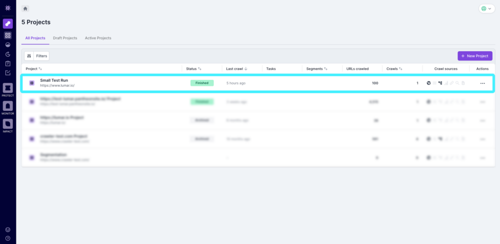 Screenshot of Lumar Analyze dashboard showing a small test run of 100 URLs. 