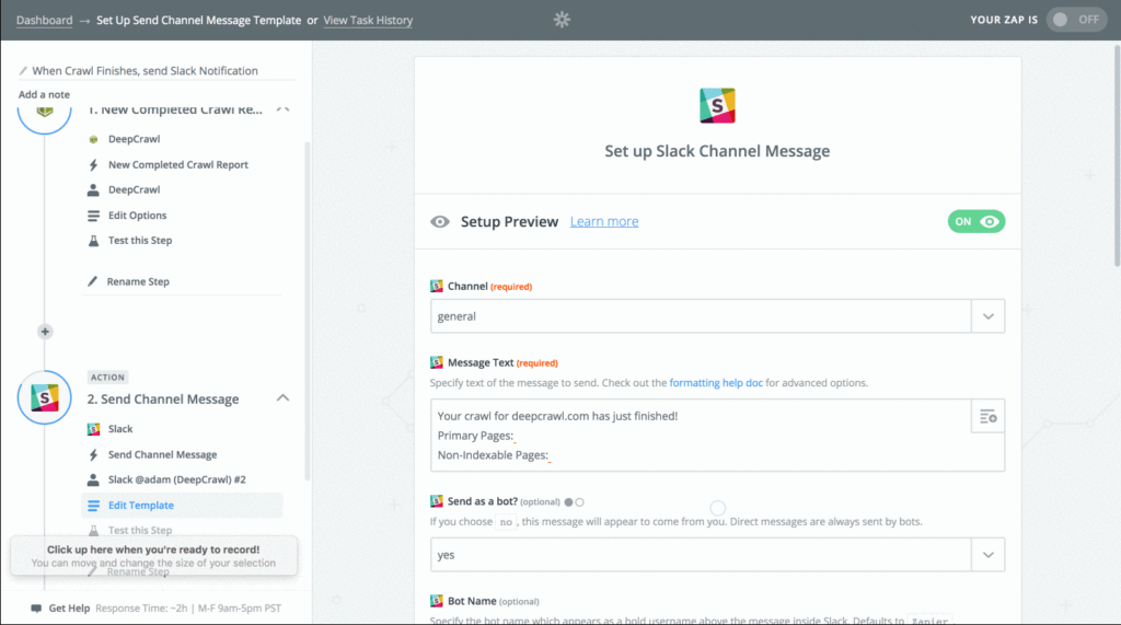 Animated screenshot showing setting up a Slack Channel Message in Zapier. 