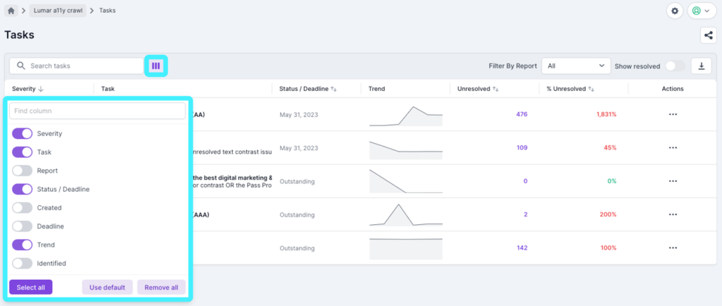 Screenshot of the Lumar Analyze Task Manager dashboard showing options for additional columns.