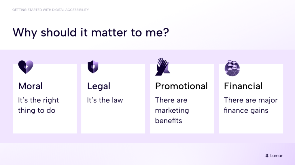 Slide from the webinar presentation that reads: Why should [accessibility] matter to me? -  Moral: it’s the right thing to do. - Legal: it’s the law. - Promotional: There are marketing benefits. - Financial: There are major finance gains.