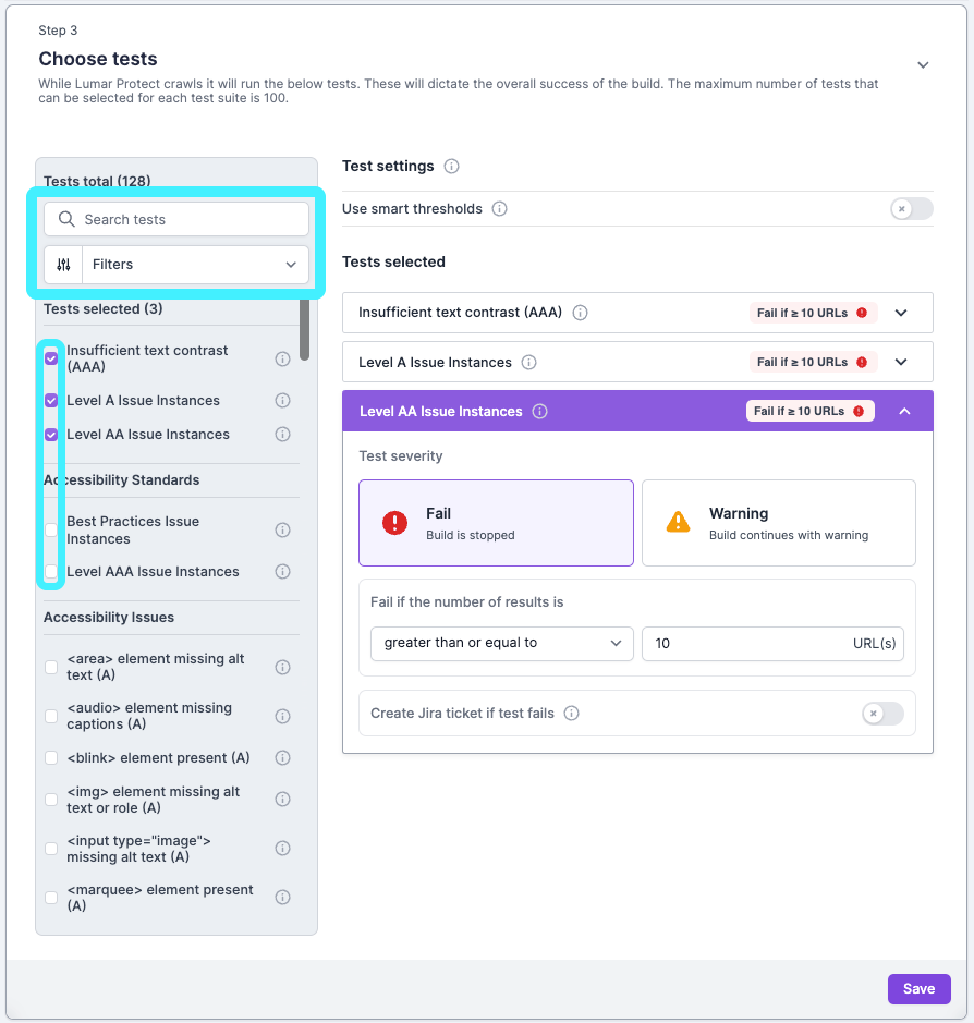 Screenshot of Lumar Protect showing step 3 of setting up a test suite. This screen shows the relevant tests on the left hand side and selected tests on the right.