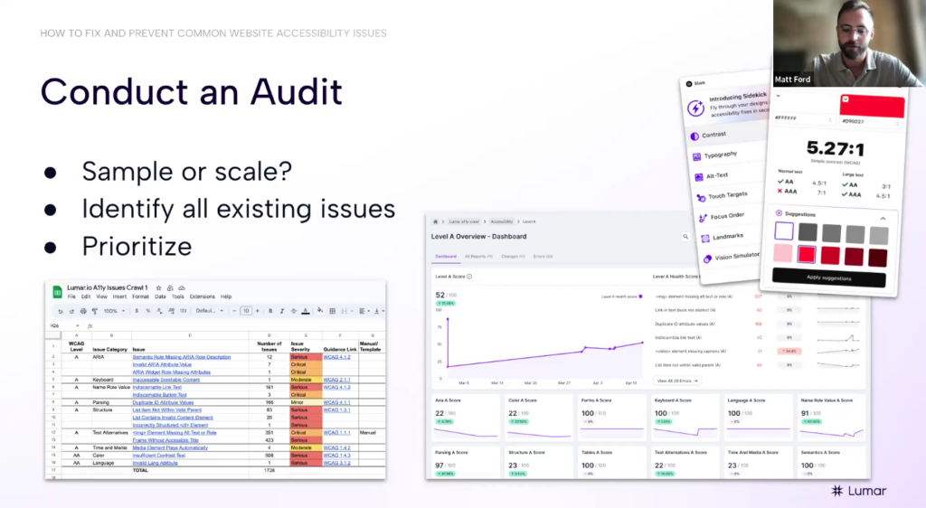 Slide from the digital accessibility webinar. It reads: Conduct an Audit. Sample or scale? Identify all existing issues. Prioritize. Images show screens from Lumar website accessibility testing and audit tools. 