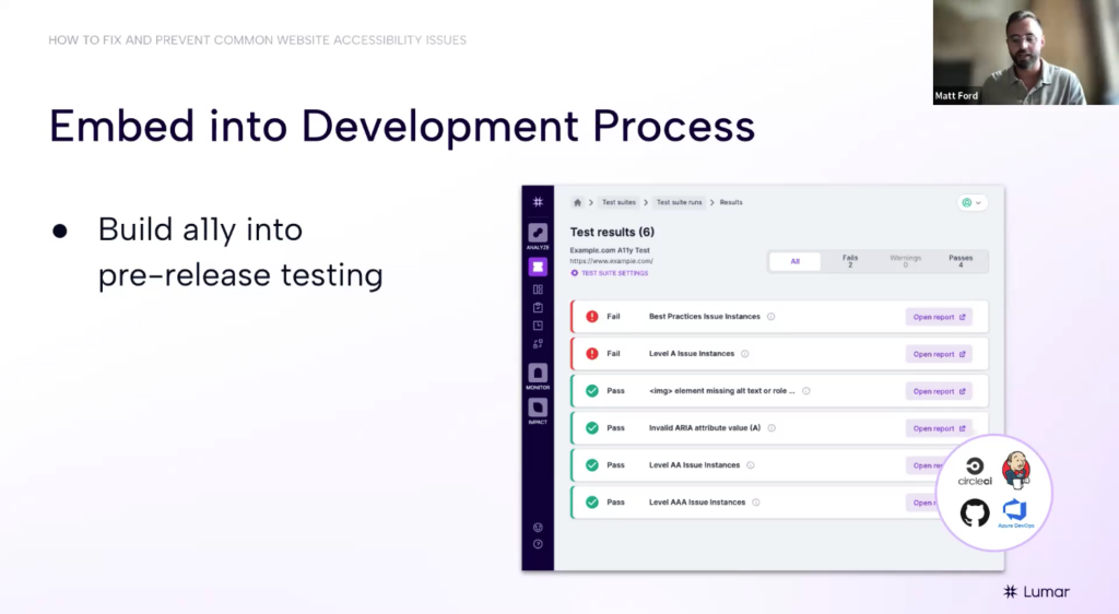 Web accessibility webinar slide reads: Embed into Development Process. Build a11y into pre-release testing. Image shows platform UI from Lumar’s Protect platform, which offers automated pre-release website QA testing to ensure developers meet both technical SEO and digital accessibility standards before making website updates. 