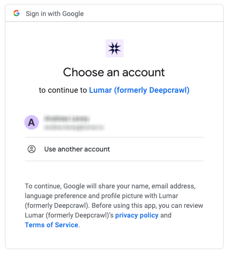 Screenshot of the Google select account screen showing an account to connect with Lumar.