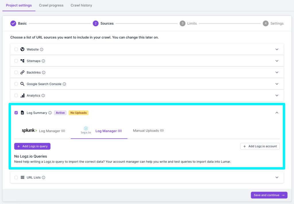 Screenshot of step 2 of the Lumar crawl setup process, showing the sources that will be crawled. In this screen Log Summary is checked and highlighted. There is also an option to add a Logz.io query.