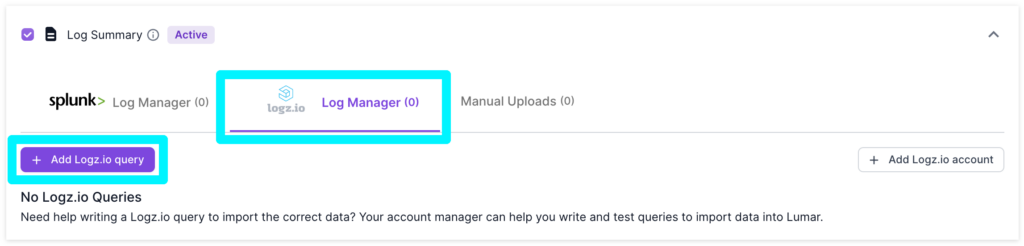 Screenshot of step 2 of the Lumar crawl setup process, focused in on the Log Summary options, with Logz.io and the 'Add Logz.io query' button highlighted. 