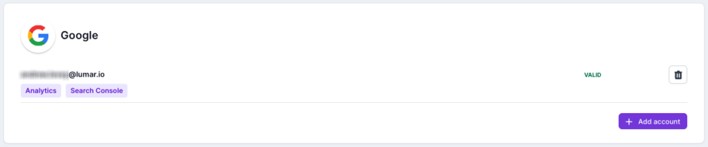 Screenshot of the Lumar connected apps area, showing a connected Google account, and that it is connected for both Analytics and Search Console. It also shows that the account has been validated, and has an option to delete the account, or add another.