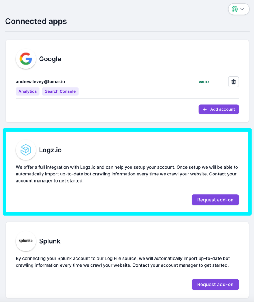 Screenshot of the Lumar connected apps page with the Logz.io option highlighted. The text reads: "We offer a full integration with Logz.io and can help you setup your account. Once setup we will be able to automatically import up-to-date bot crawling information every time we crawl your website. Contact your account manager to get started". There is also a button marked 'Request add-on'.