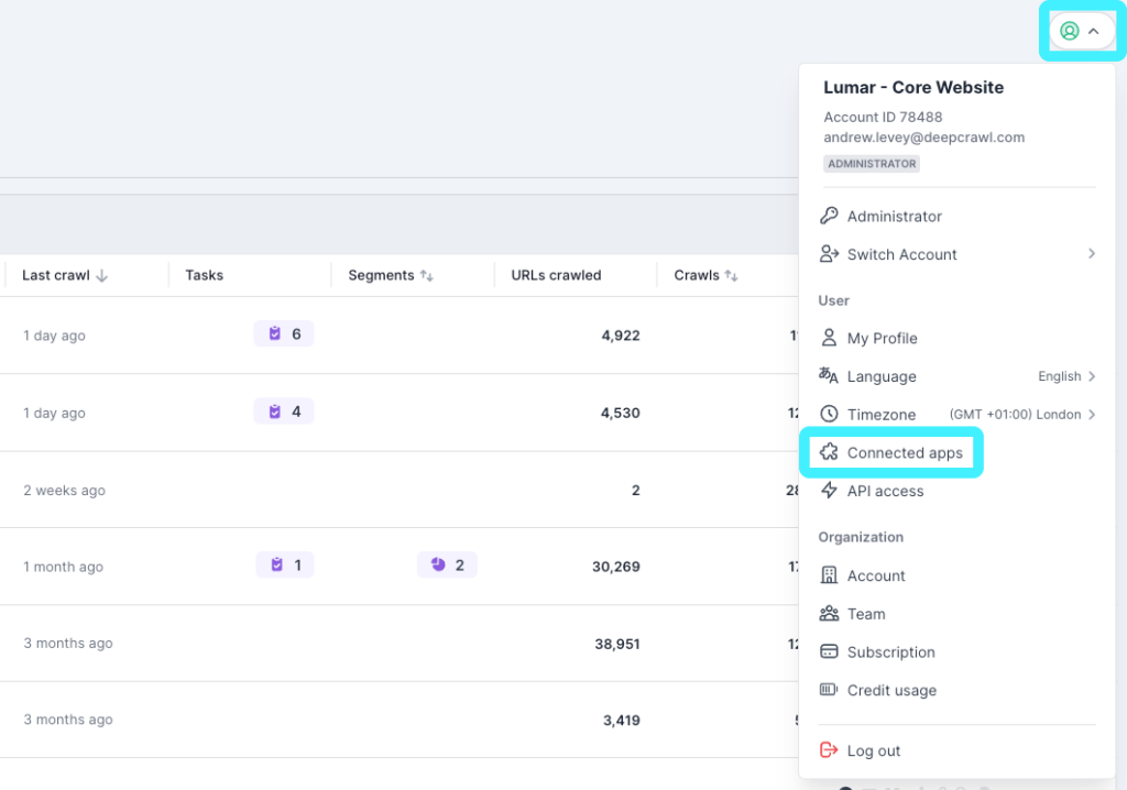 Screenshot of the Lumar platform, with the user options and Connected apps link highlighted.