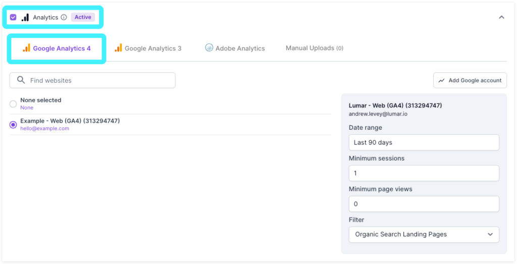 Screenshot of the Lumar crawl setup, showing step 2 where users can choose to include Google Analytics 4, Google Analytics 3 and Adobe Analytics. The screenshot shows the Analytics option selected, and Google Analytics 4 as the analytics platform to be crawled.