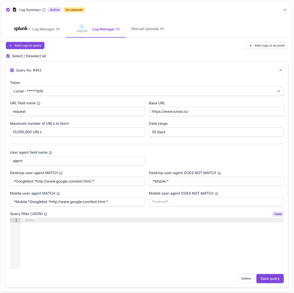 Screenshot showing the Logz.io query details, showing the token, URL field name, base URL, maximum number of URLs to fetch, date range, plus user agent field name, desktop  and mobile user agent match and does not match options, and a JSON query filter.