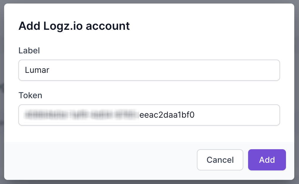 Screenshot of Lumar, showing Logz.io account information, with a Label and Token from the Logz.io platform added, and buttons for cancel and add.