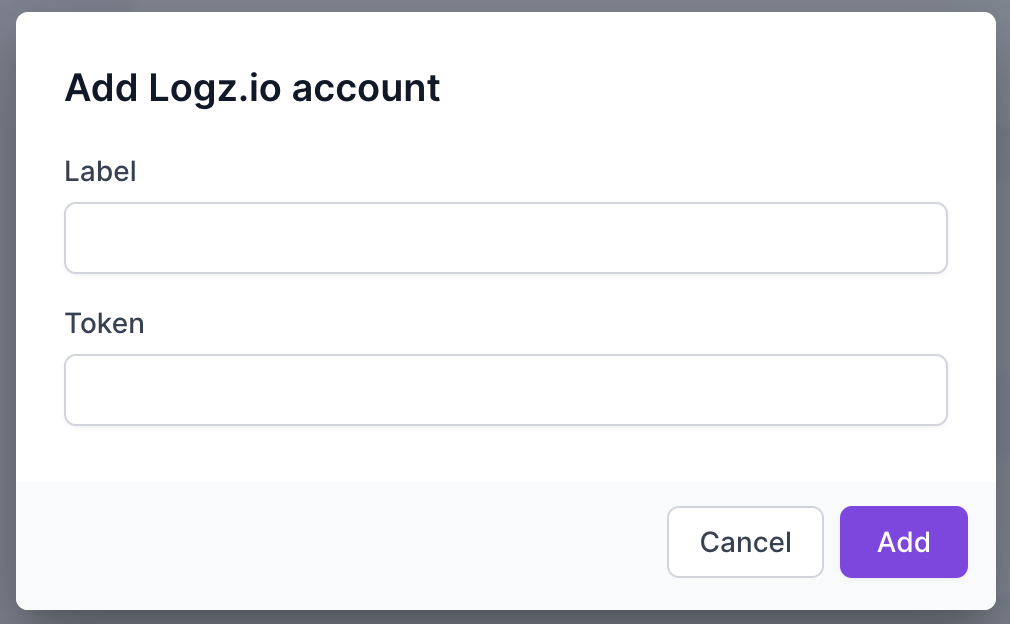 Screenshot of Lumar, showing the option to add a Logz.io account. The screen shows fields for a Label and Token from the Logz.io platform, with buttons for cancel and add.