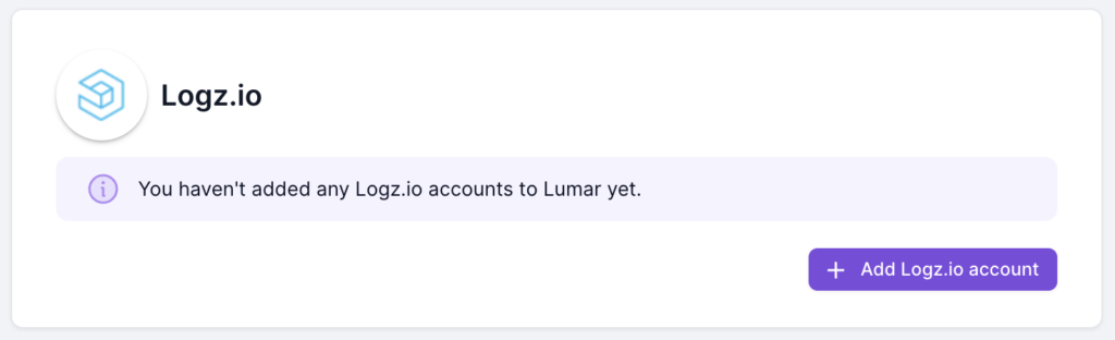 Screenshot of the Lumar connected apps page once the Logz.io has been added to the subscription. The screen shows a message saying "You haven't added any Logz.io accounts to Lumar yet" and has a button to add a Logz.io account.