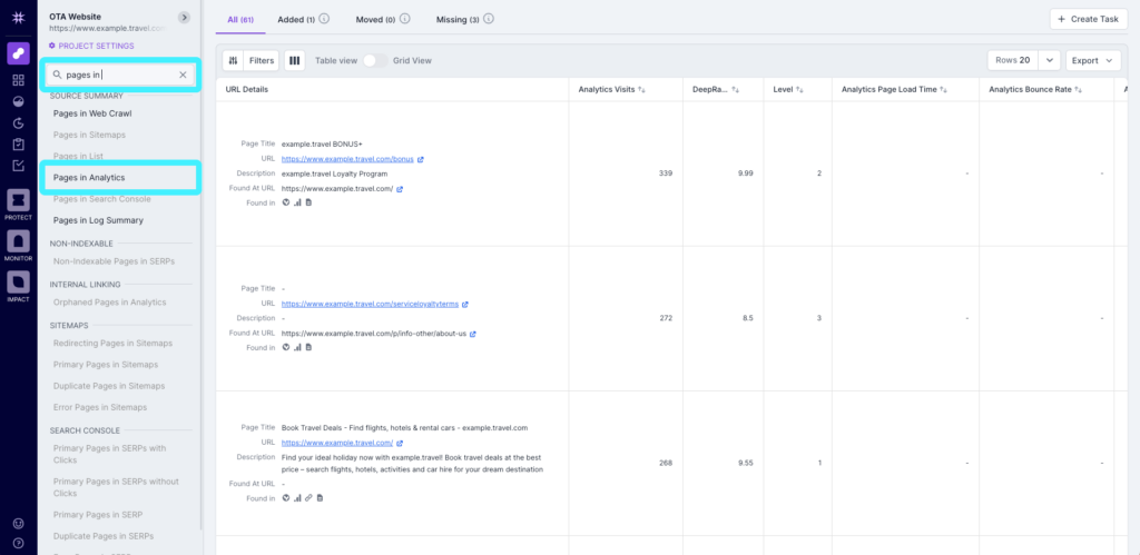Screenshot of the Lumar Analyze Pages in Analytics report with the report search option and Pages in Analytics report link highlighted.
