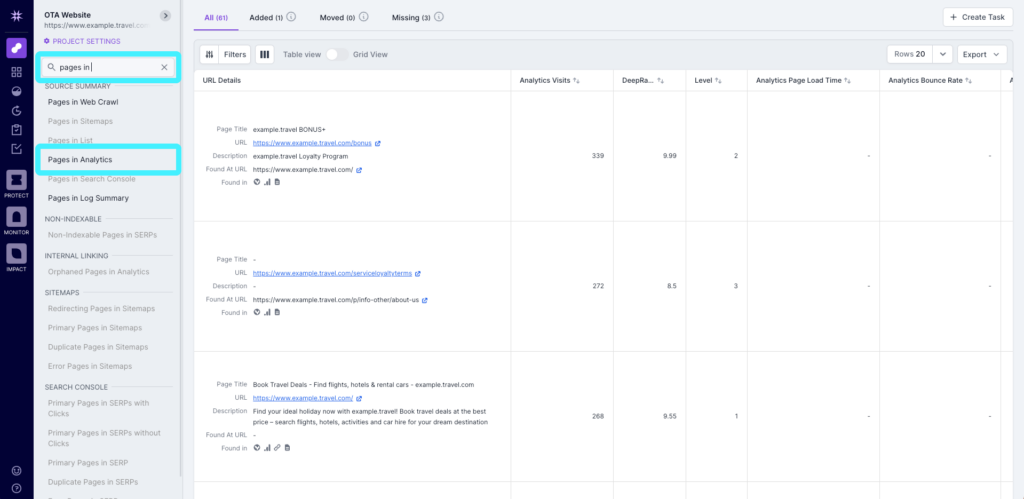 Screenshot of the Lumar Analyze Pages in Analytics report with the report search option and Pages in Analytics report link highlighted. 