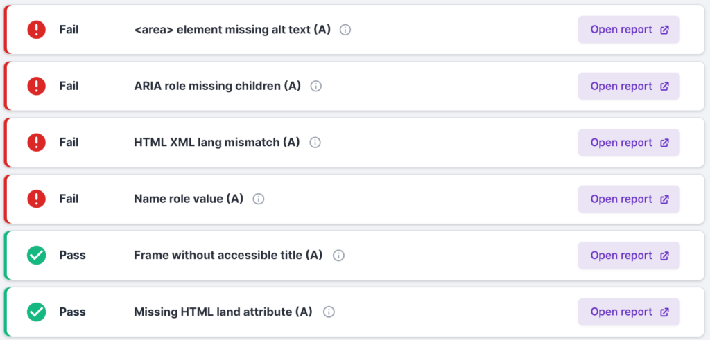 Screenshot of Lumar Protect test suite results, showing failures and passes for specific tests, and the option to open the report for more analysis. 