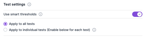 Screenshot of the Lumar Protect Smart Thresholds options, with the option to apply Smart Thresholds to all tests enabled. 