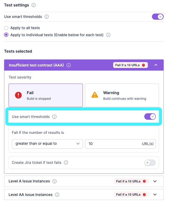 Screenshot of Lumar Protect test suite setup showing the option to use Smart Thresholds on individual tests enabled, and a test opened with Smart Thresholds enabled.