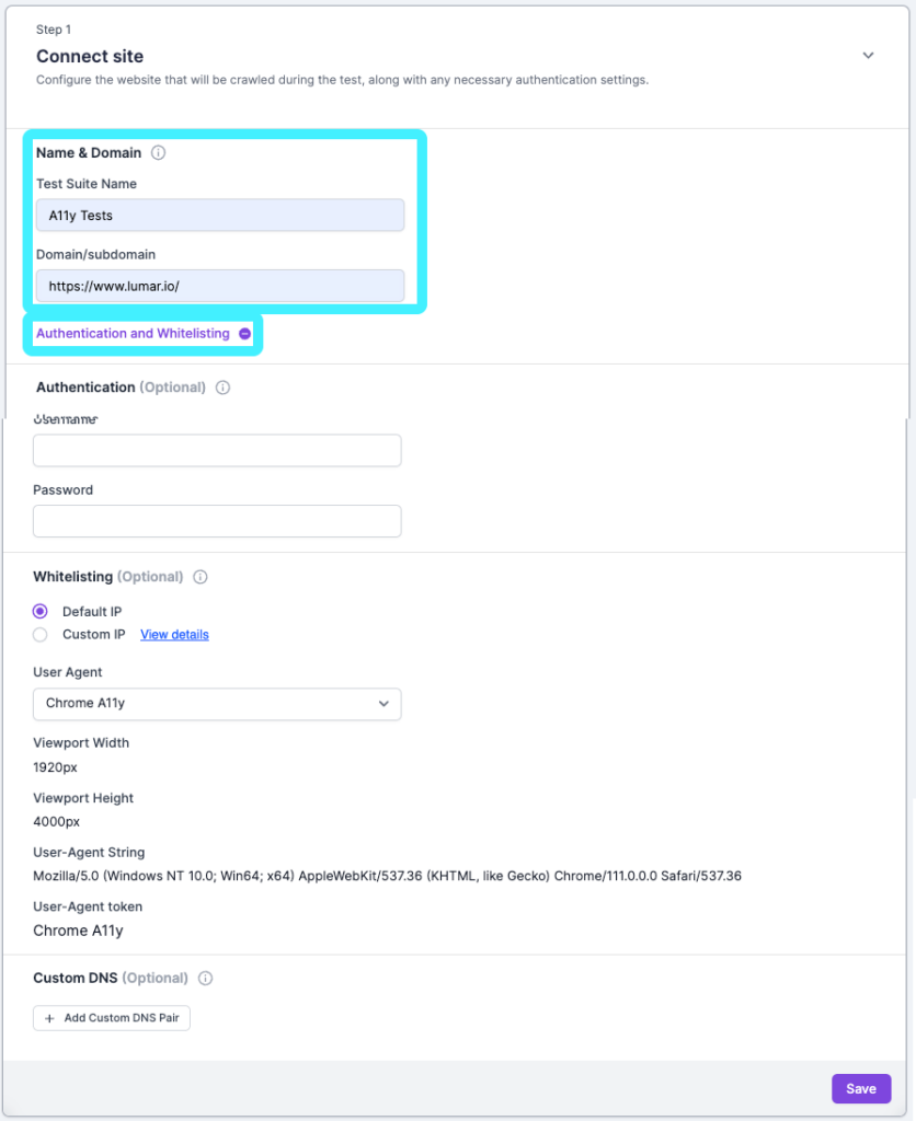 Screenshot of the Lumar Protect test suite set up process, showing the test suite name and domain, and authentication and whitelisting options including authentication, whitelisting and custom DNS. 