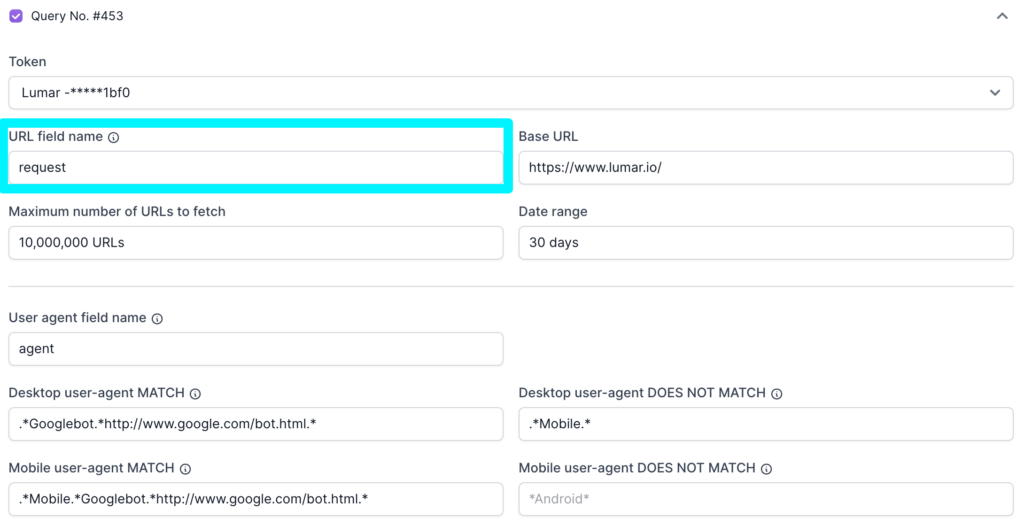 Screenshot of the Logz.io query details with the URL field name highlighted.