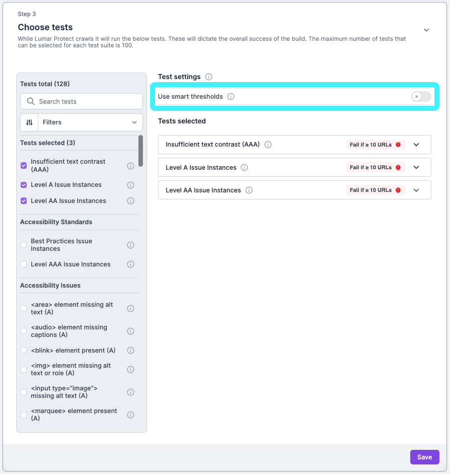 Screenshot of Lumar Protect test suite setup, showing the option to enable Smart Thresholds highlighted.