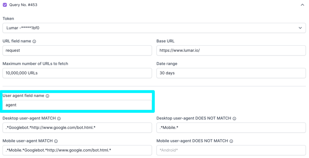 Screenshot of the Logz.io query details with the User Agent field name highlighted.