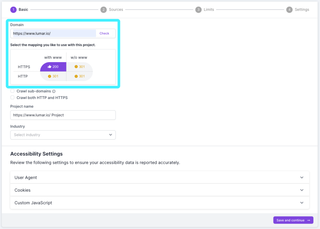 Screenshot of Lumar Analyze, showing step 1 of the crawl setup. This screenshot highlights the domain check, to correctly identify the domain mapping to use with the project.