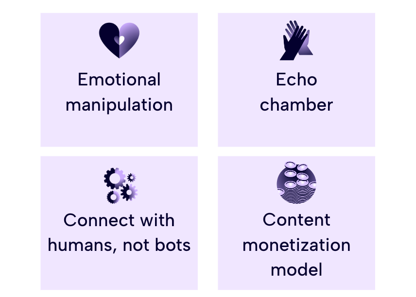 Slide from the AI, LLMs and the future of search webinar, showing four ethical and societal considerations: emotional manipulation; echo chambers; connecting with humans, not bots; and content monetization model.