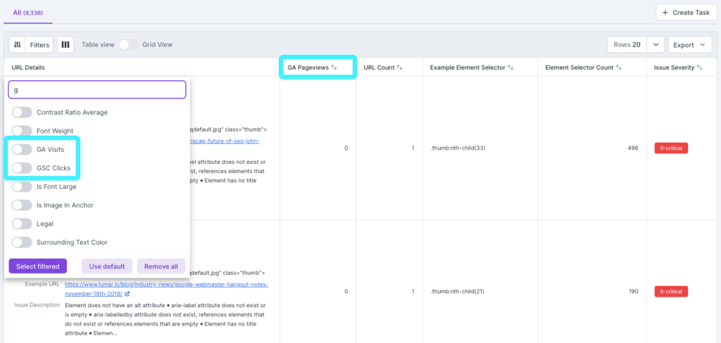 Screenshot of a Lumar report table with the GA Page Views column highlighted, as well as options for GA Visits in GSC Clicks that can be added as columns in the report table.