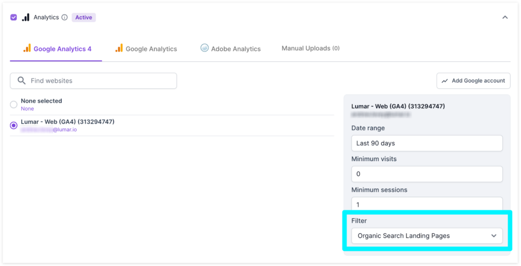 Screenshot of the Analytics source options in step 2 of crawl setup. The screen shows a Google Analytics 4 account selected and the 'Filter' option set to Organic Search Landing Pages and highlighted.
