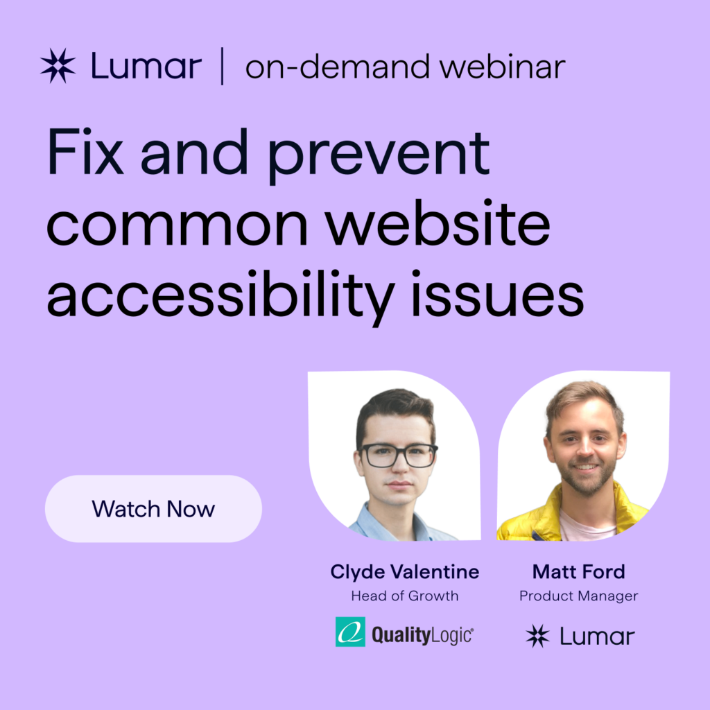 Lumar Master Class Webinar - Fix and Prevent Common Website Accessibility Issues. Images show webinar guest Clyde Valentine and Lumar host Matt Ford.