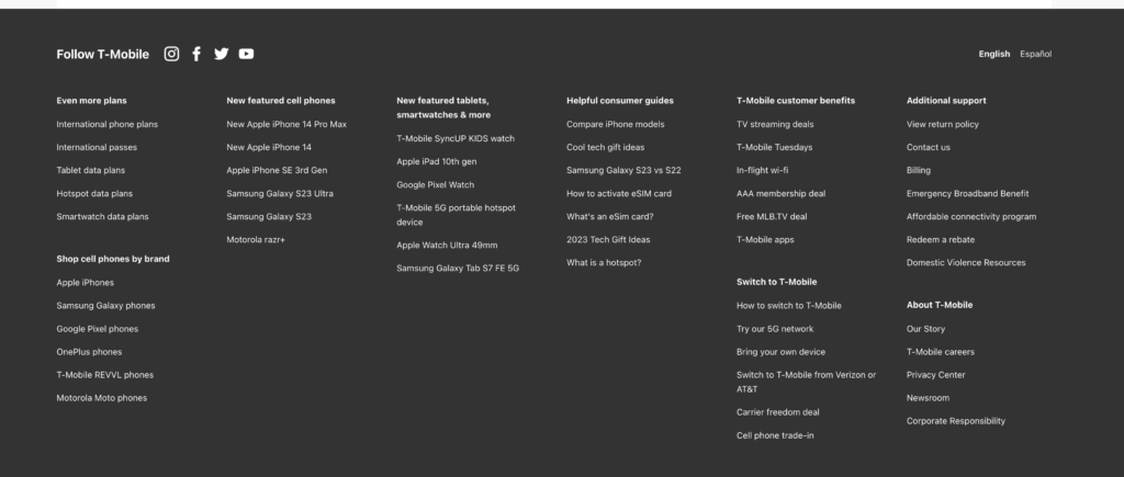 Example of a website footer packed with internal links on the T-Mobile website.