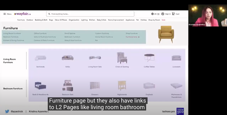 Screencap from retail SEO webinar - showing L1 category page with link block examples on the Wayfair website. Closed captioning in this still from the webinar reads: Furniture page, but they also have links to L2 pages like living room, bathroom, etc...
