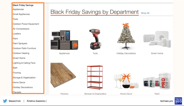 Image shows an example of black friday links presented on the Home Depot homepage