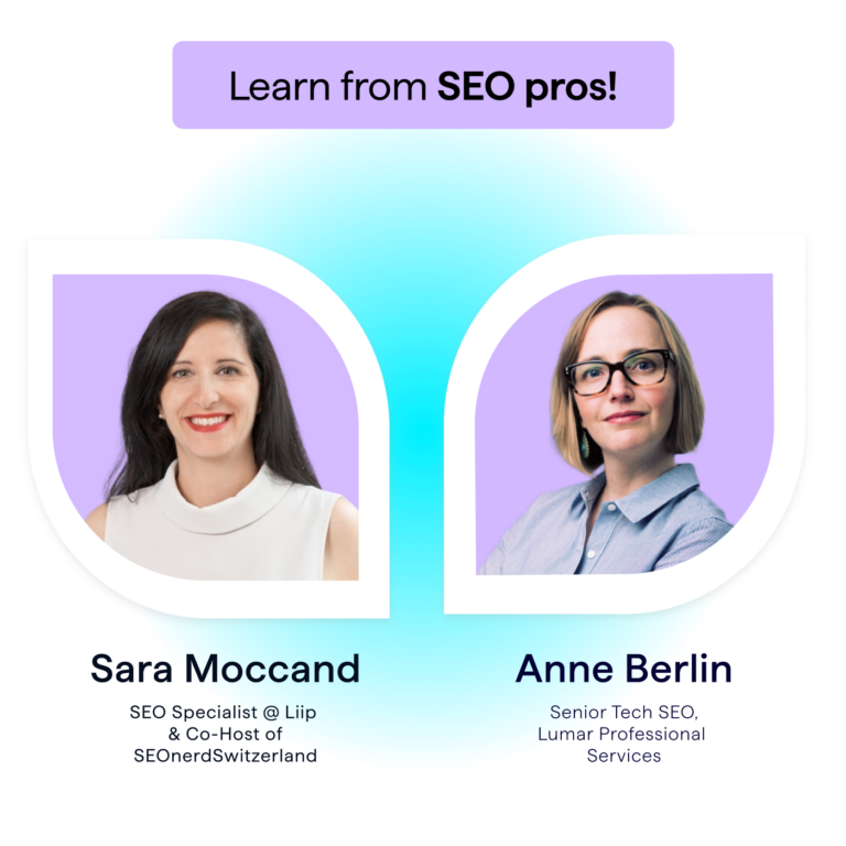 webinar speakers graphic showing SEO experts for this Future of SEO - AI and Knowledge Graphs webinar. Sara Moccand and Anne Berlin.