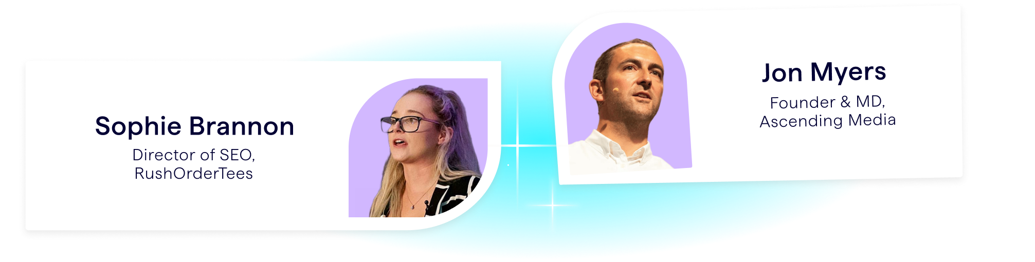 Banner showing SEO webinar speakers - Sophie Brannon, Director of SEO at RushOrderTees, and Jon Myers, Founder and Managing Director at Ascending Media