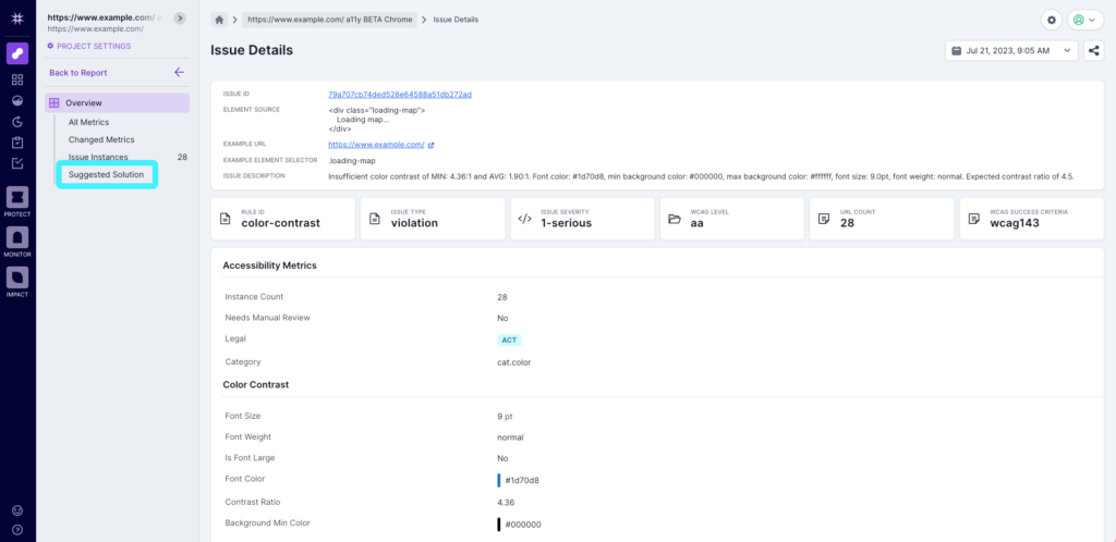 Image shows the 'Issue Detail' page on an accessibility report in the Lumar platform. Step 2 to access AI powered accessibility solutions in Lumar: From the Issue Detail page, click on 'Suggested Solutions' in the left-hand panel. 