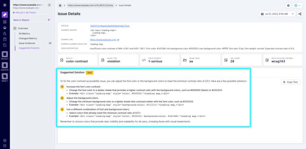 Image shows an example of how the Suggested Accessibility Solution appears in the Lumar platform. This is an example for an AI-suggested solution for a color contrast website accessibility issue. 