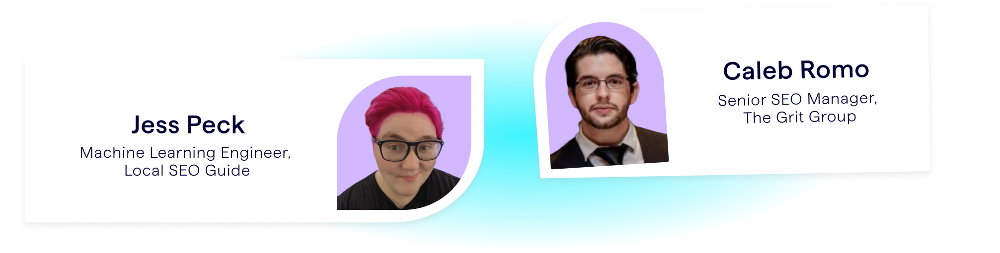 SEO Webinar banner showing speaker photos - Core Web Vitals and GA4 Topic - Featured speakers include Jess Peck, machine learning engineer at Local SEO Guide and Caleb Romo, Senior SEO Manager at the Grit Group