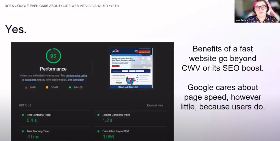 screencap from Lumar's Core Web Vitals webinar - slide text reads: Benefits of a fast website go beyond CWV or its SEO boost. Google cares about page speed because users do.