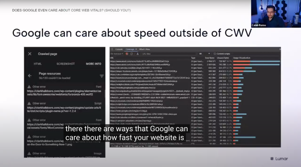 screencap from Core Web Vitals SEO webinar where Romo explains why site speed is important for getting Google to crawl and render your website properly